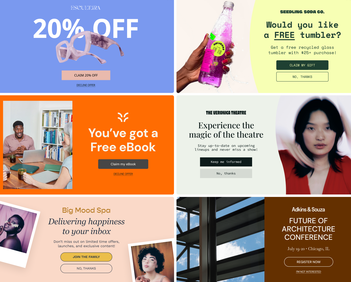 Six imagined examples of popup forms, depicting multiple templates, photography, and color templates for six fictitious brands. The popup forms promote discounts, free gifts, mailing lists, and event RSVPs to encourage signups.